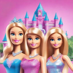 Create an image transforming the faces from the provided photo into characters from the Barbie Diamond Castle universe