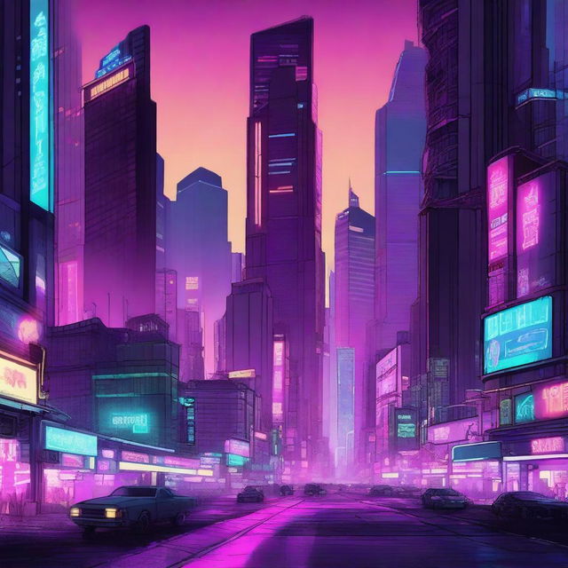 A detailed digital illustration of a cyberpunk cityscape at night