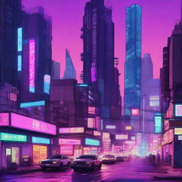 A detailed digital illustration of a cyberpunk cityscape at night