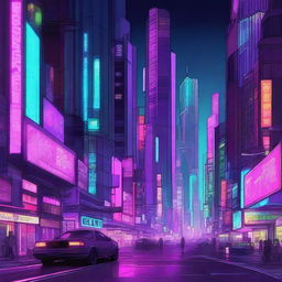 A detailed digital illustration of a cyberpunk cityscape at night