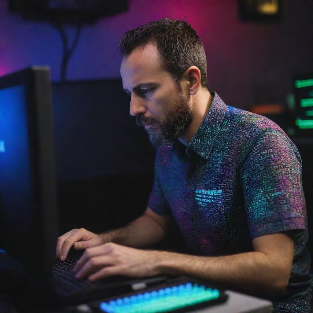 Adult man engrossed in coding on his advanced computer, immersed in a room bathed in multi-coloured RGB lights. His shirt, prominently displaying 'A.samad' on the back, sharp details revealing a 4K quality setting.