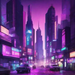 A detailed digital illustration of a cyberpunk cityscape at night