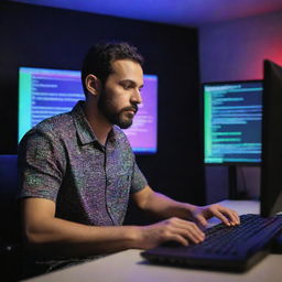 Adult man engrossed in coding on his advanced computer, immersed in a room bathed in multi-coloured RGB lights. His shirt, prominently displaying 'A.samad' on the back, sharp details revealing a 4K quality setting.