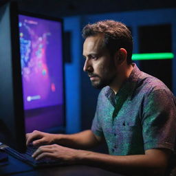 Adult man engrossed in coding on his advanced computer, immersed in a room bathed in multi-coloured RGB lights. His shirt, prominently displaying 'A.samad' on the back, sharp details revealing a 4K quality setting.