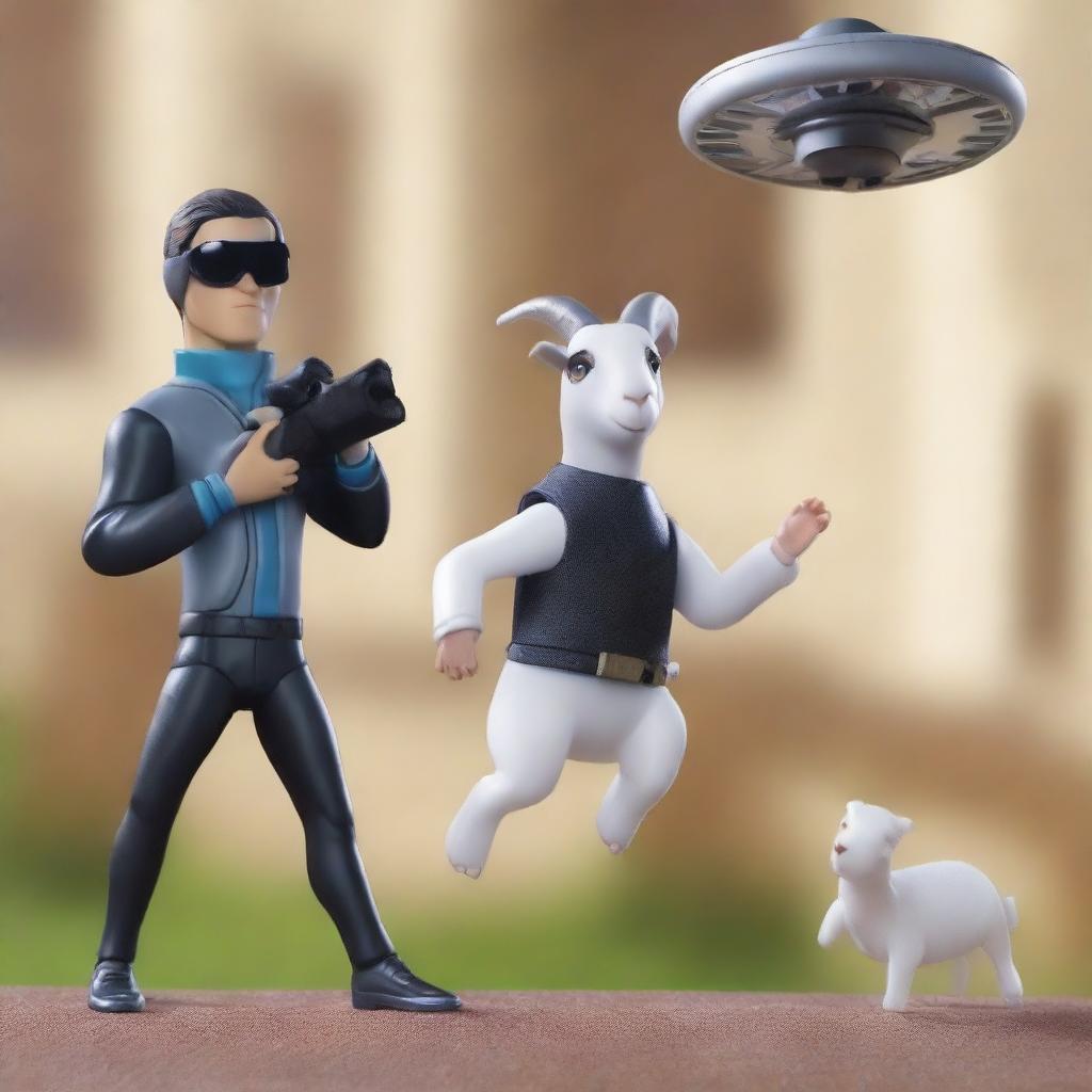 A dynamic scene featuring a Goat Simulator 3 mission impossible heist with a UFO playset toy by Jazwares