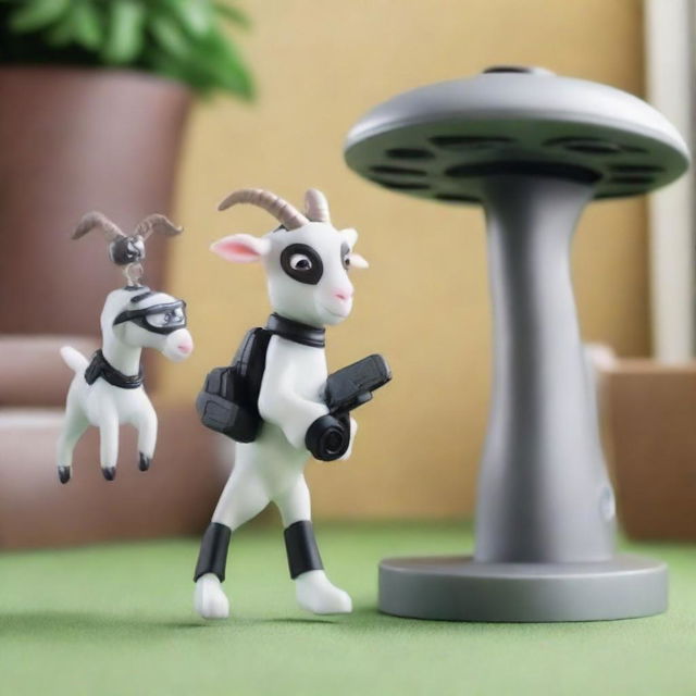 A dynamic scene featuring a Goat Simulator 3 mission impossible heist with a UFO playset toy by Jazwares