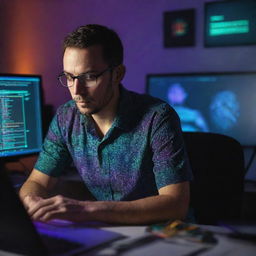 Adult man engrossed in coding on his advanced computer, immersed in a room bathed in multi-coloured RGB lights. His shirt, prominently displaying 'A.samad' on the back, sharp details revealing a 4K quality setting.