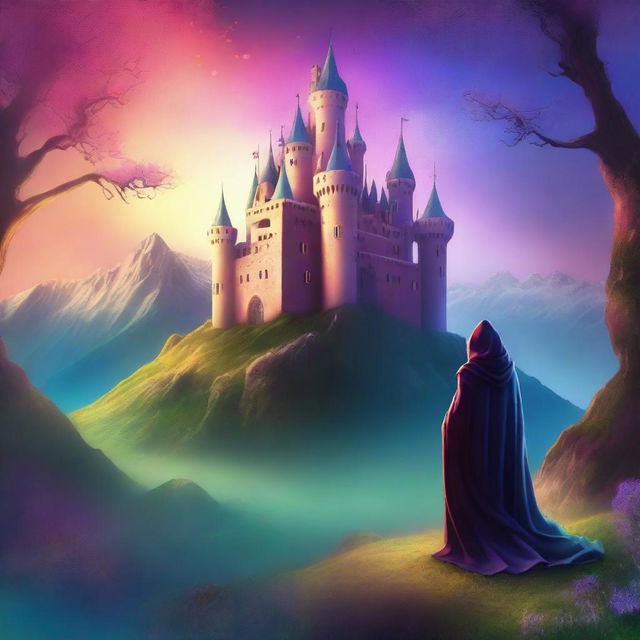 Create a captivating book cover featuring an enchanting fantasy landscape with a majestic castle in the background