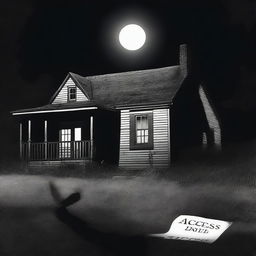 A black and white image showing a house with a sign that says 'Access Denied' and the outline of a body on the ground