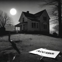 A black and white image showing a house with a sign that says 'Access Denied' and the outline of a body on the ground