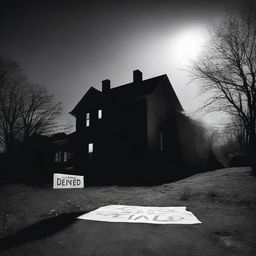 A black and white image showing a house with a sign that says 'Access Denied' and the outline of a body on the ground