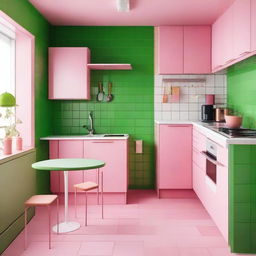 A kitchen with a green floor and pink kitchen furniture