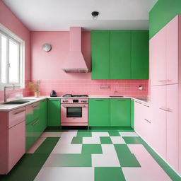 A kitchen with a green floor and pink kitchen furniture