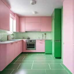 A kitchen with a green floor and pink kitchen furniture