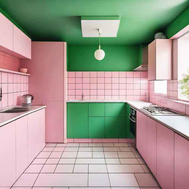 A kitchen with a green floor and pink kitchen furniture