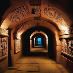 An underground stone tunnel system illuminated by a low blue light