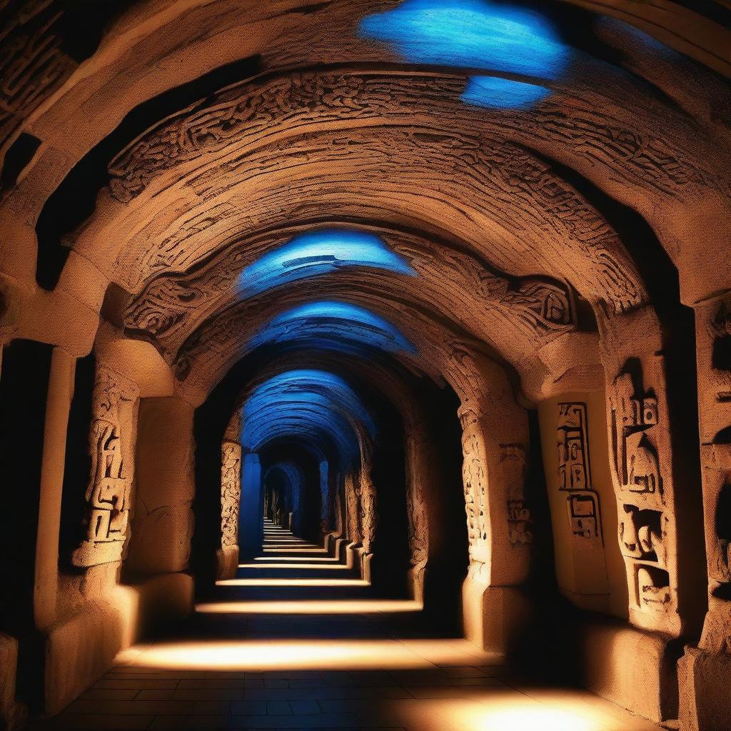 An underground stone tunnel system illuminated by a low blue light