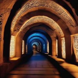 An underground stone tunnel system illuminated by a low blue light