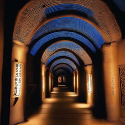 An underground stone tunnel system illuminated by a low blue light