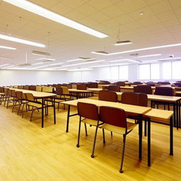 Create a spacious and organized study hall with 60 seats. The interior design should be efficient, containing well-lit individual desk arrangements that promote a conducive and focused learning environment.