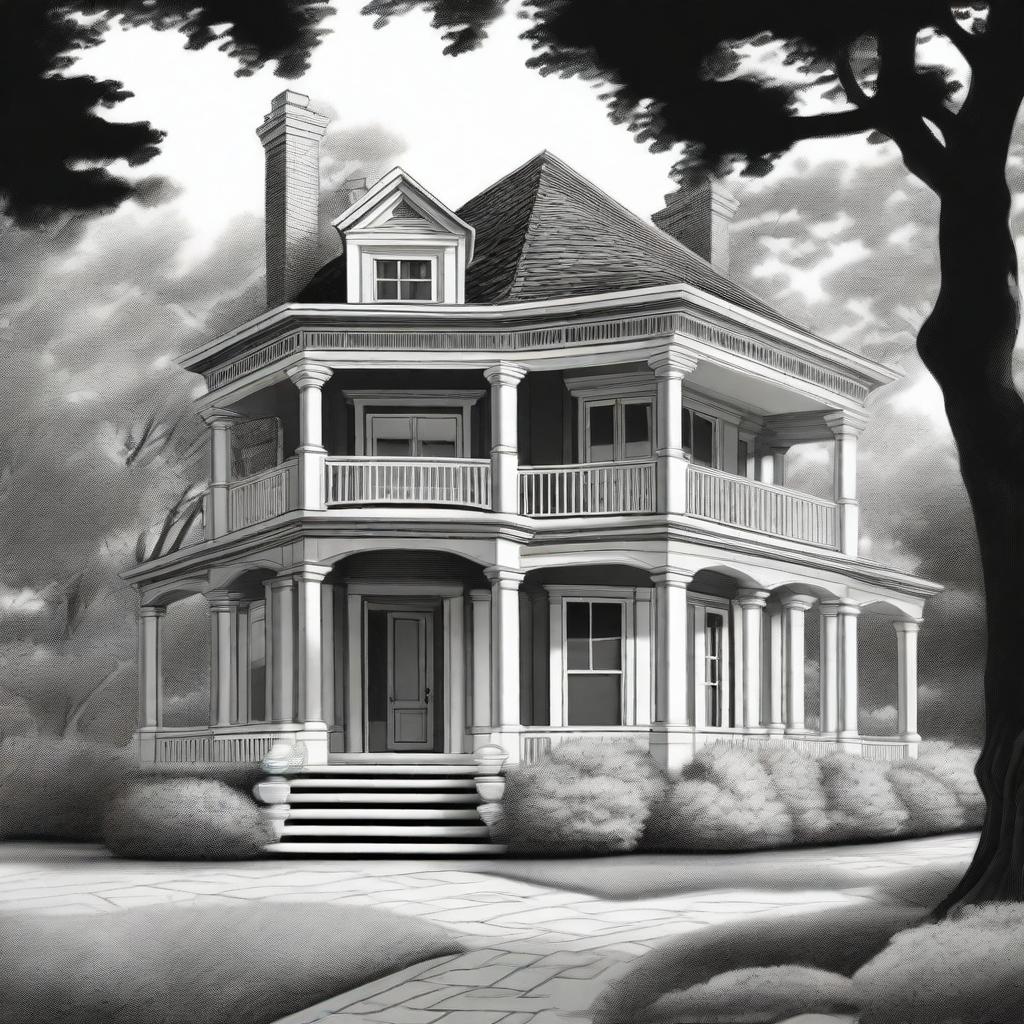 A detailed black and white illustration of a house