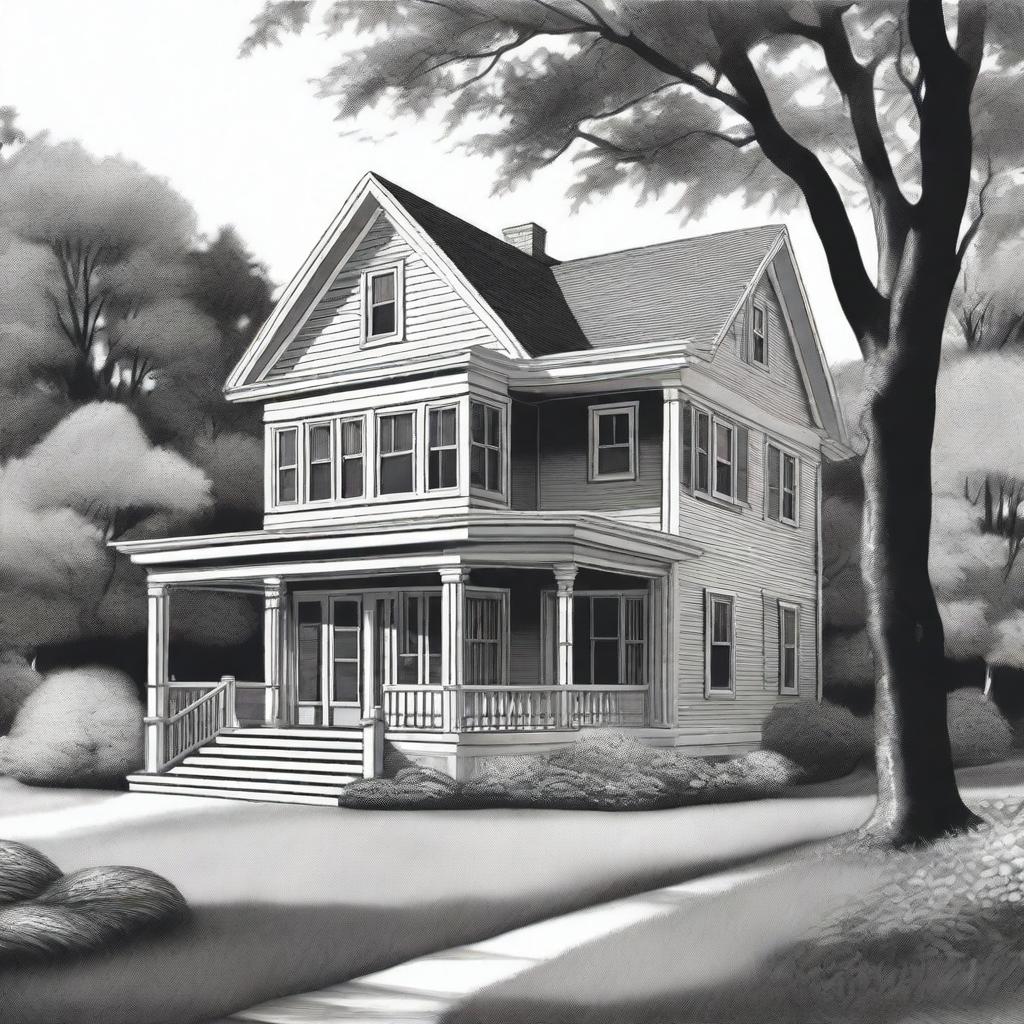 A detailed black and white illustration of a house