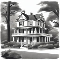 A detailed black and white illustration of a house