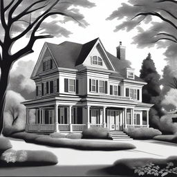 A detailed black and white illustration of a house