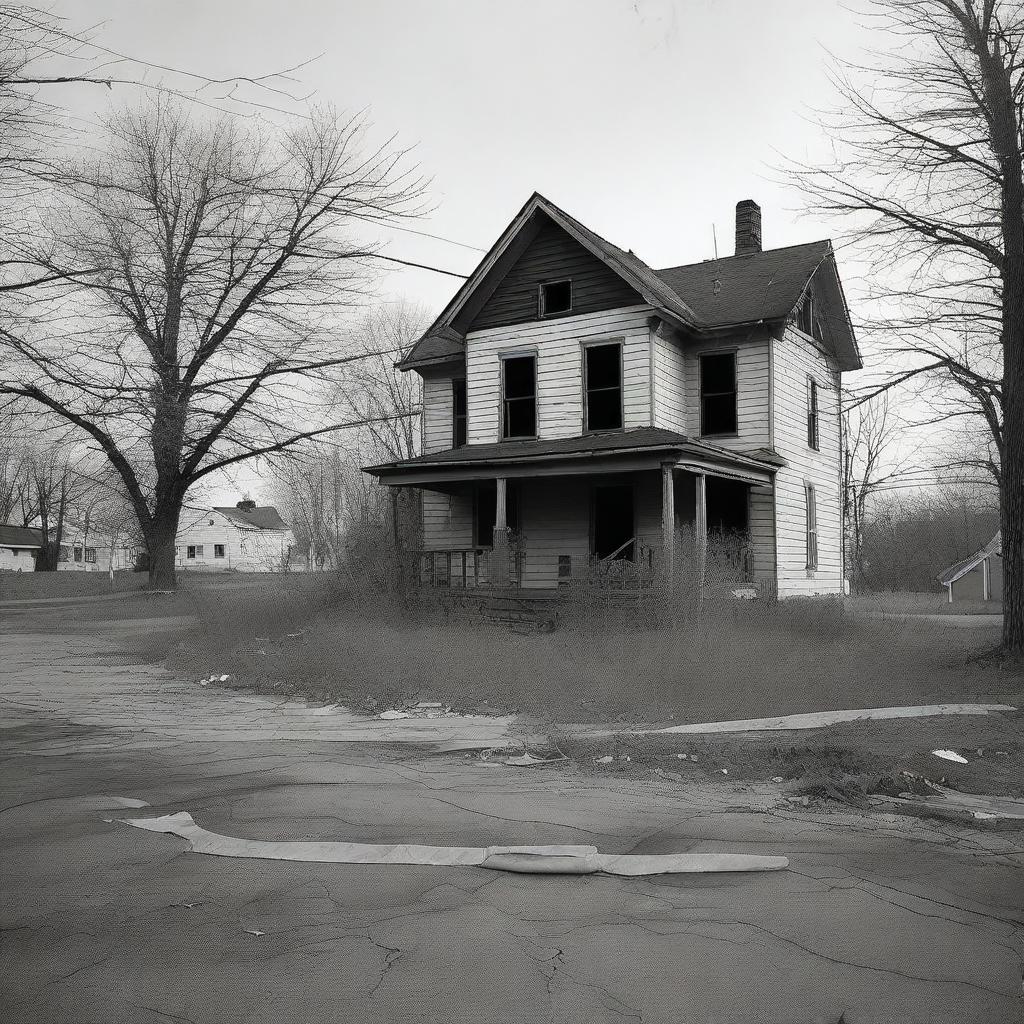 A black and white image of a desolate house that looks like a crime scene