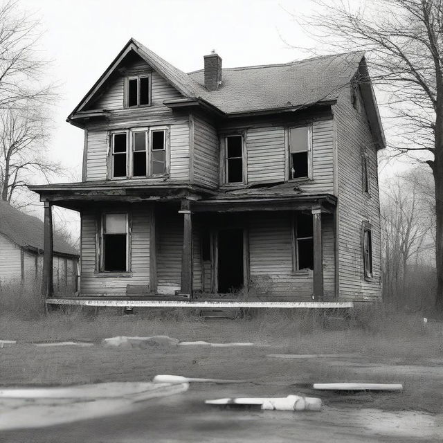 A black and white image of a desolate house that looks like a crime scene