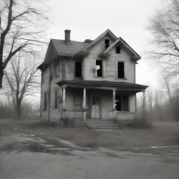 A black and white image of a desolate house that looks like a crime scene