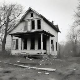 A black and white image of a desolate house that looks like a crime scene