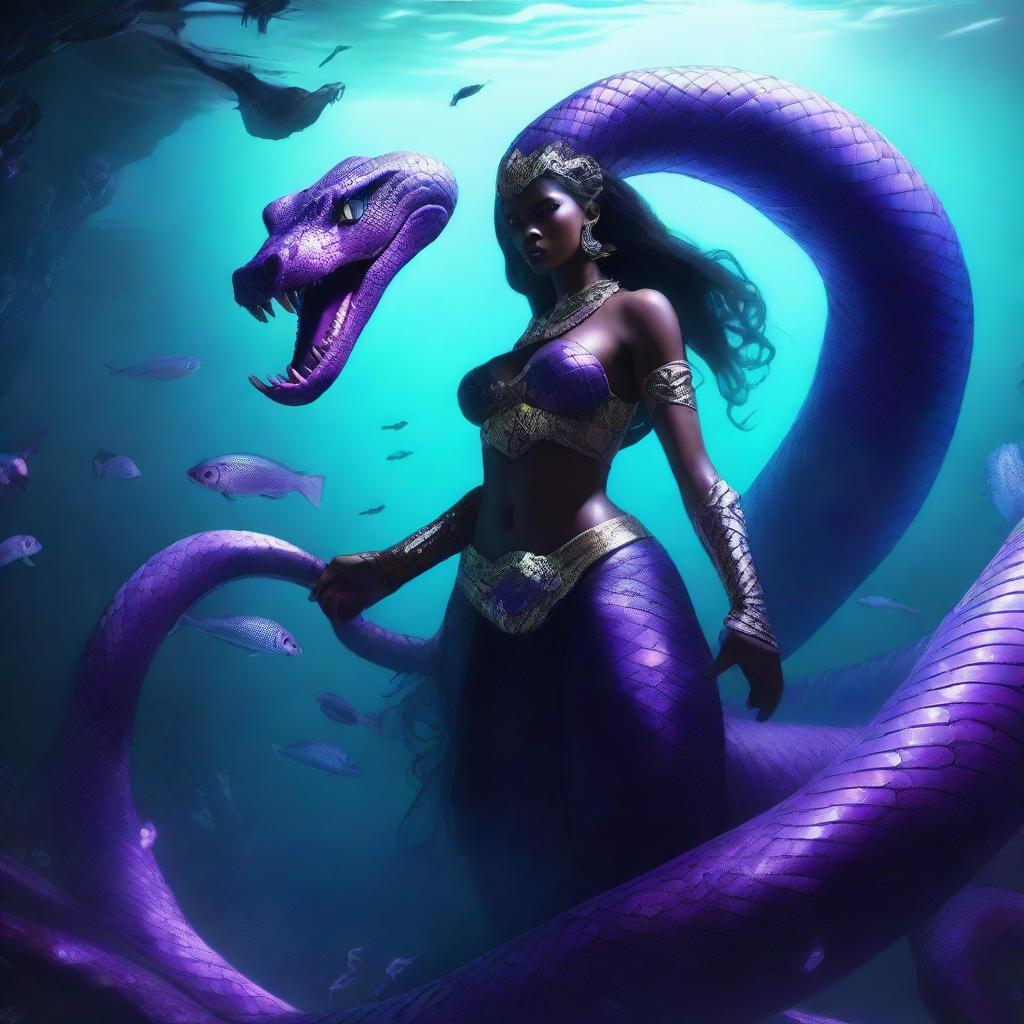 An underwater scene featuring a giant serpent goddess