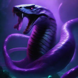 An underwater scene featuring a giant serpent with glowing purple eyes