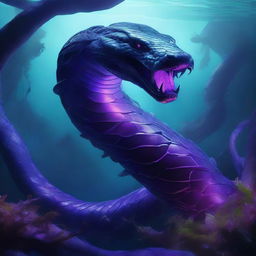 An underwater scene featuring a giant serpent with glowing purple eyes