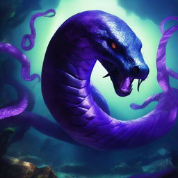 An underwater scene featuring a giant serpent with glowing purple eyes