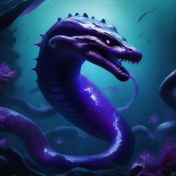 An underwater scene featuring a giant serpent with glowing purple eyes