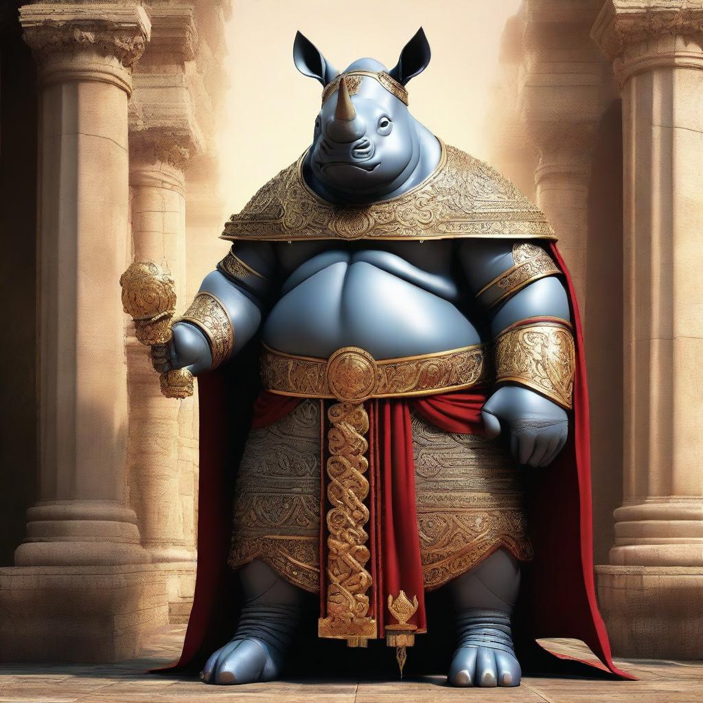 A massive Rhino god wearing a Roman emperor outfit, complete with elegant robes and a large staff