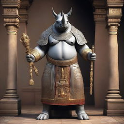 A massive Rhino god wearing a Roman emperor outfit, complete with elegant robes and a large staff