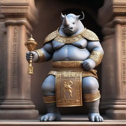 A massive Rhino god wearing a Roman emperor outfit, complete with elegant robes and a large staff