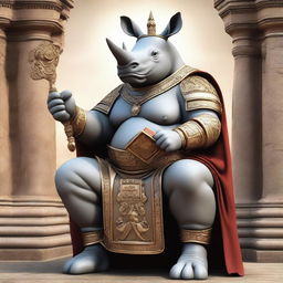 A massive Rhino god wearing a Roman emperor outfit, complete with elegant robes and a large staff