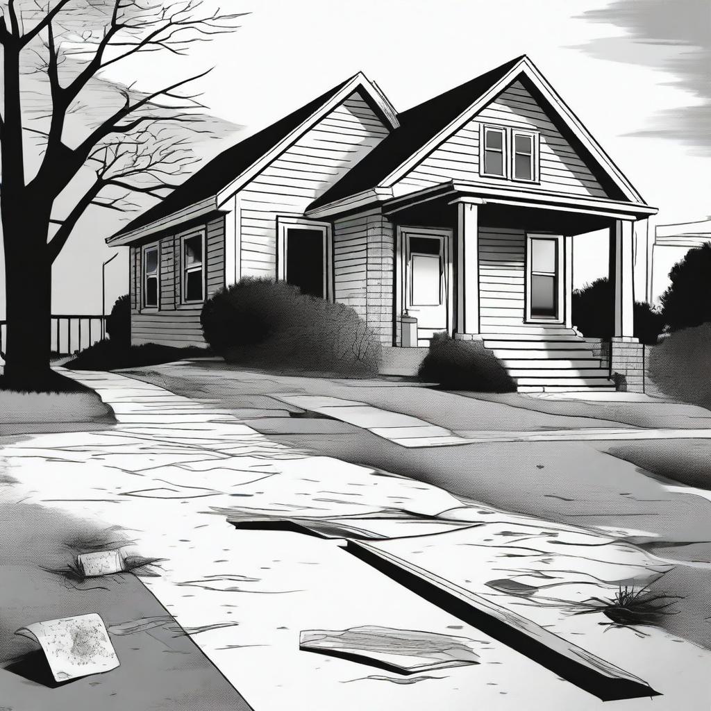 A black and white illustration of a crime scene outside of a house