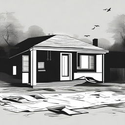 A black and white illustration of a crime scene outside of a house