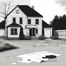 A black and white illustration of a crime scene outside of a house