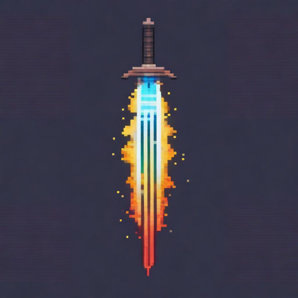 A pixel art image featuring a sword with energy slashes