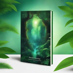 Create a fantasy-themed novel cover featuring a lush green jungle background with bioluminescent vegetation