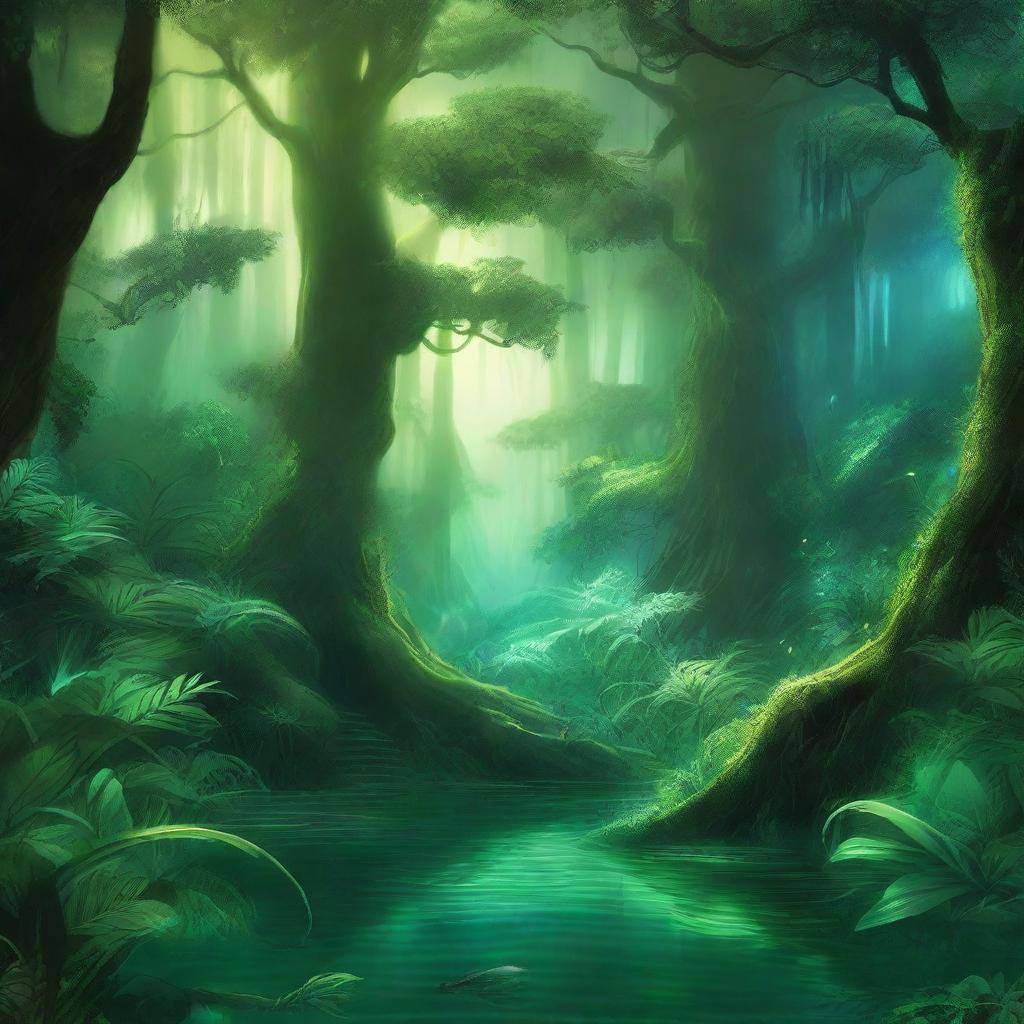 Create a fantasy-themed novel cover featuring a lush green jungle background with bioluminescent vegetation