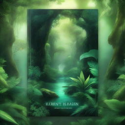 Create a fantasy-themed novel cover featuring a lush green jungle background with bioluminescent vegetation