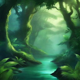 Create a fantasy-themed novel cover featuring a lush green jungle background with bioluminescent vegetation