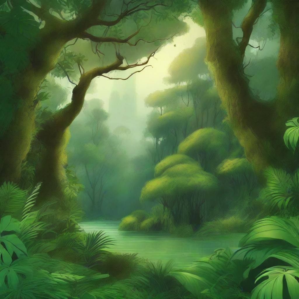 Create a fantasy-themed novel cover featuring a lush green jungle background with detailed vegetation